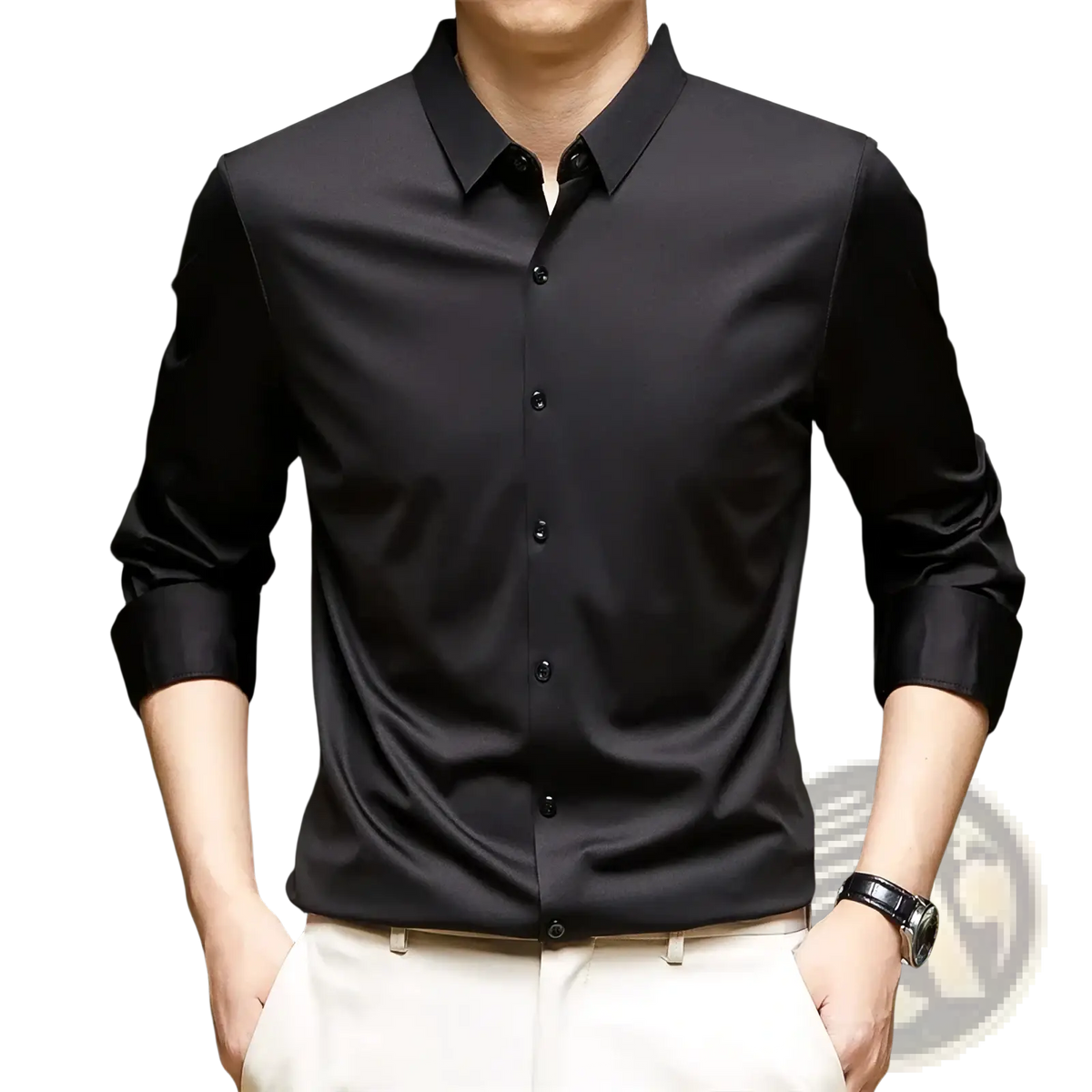 Black men’s wrinkle free dress shirt with a sleek satin finish and classic collar in long sleeves