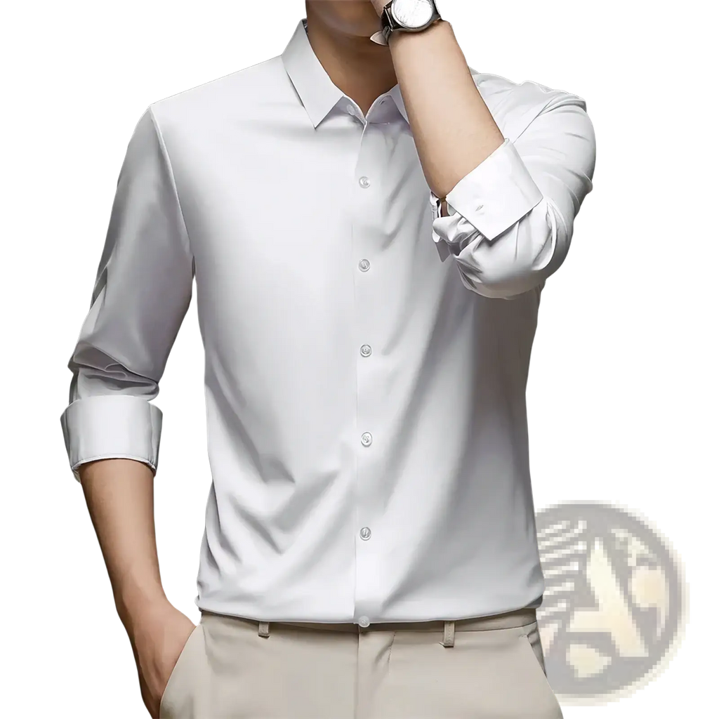 A crisp white men’s wrinkle free dress shirt with a classic collar and long sleeves for formal wear