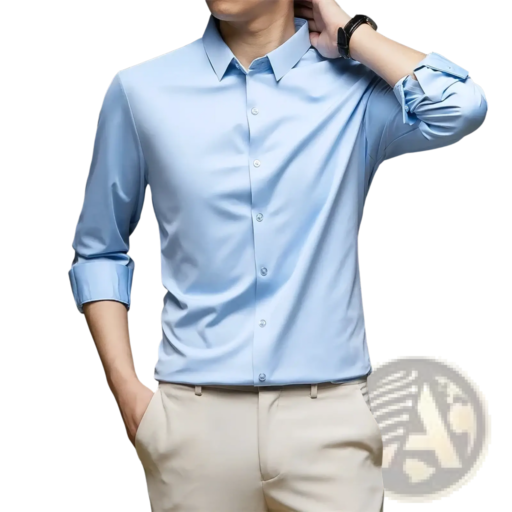 Men’s wrinkle free dress shirt in light blue with long sleeves, classic collar, and button-down front