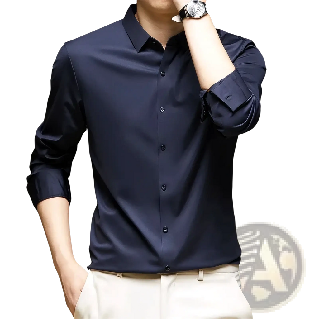A sleek navy blue long-sleeved men’s wrinkle free dress shirt with a crisp collar and button-down front