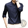 A sleek navy blue long-sleeved men’s wrinkle free dress shirt with a crisp collar and button-down front