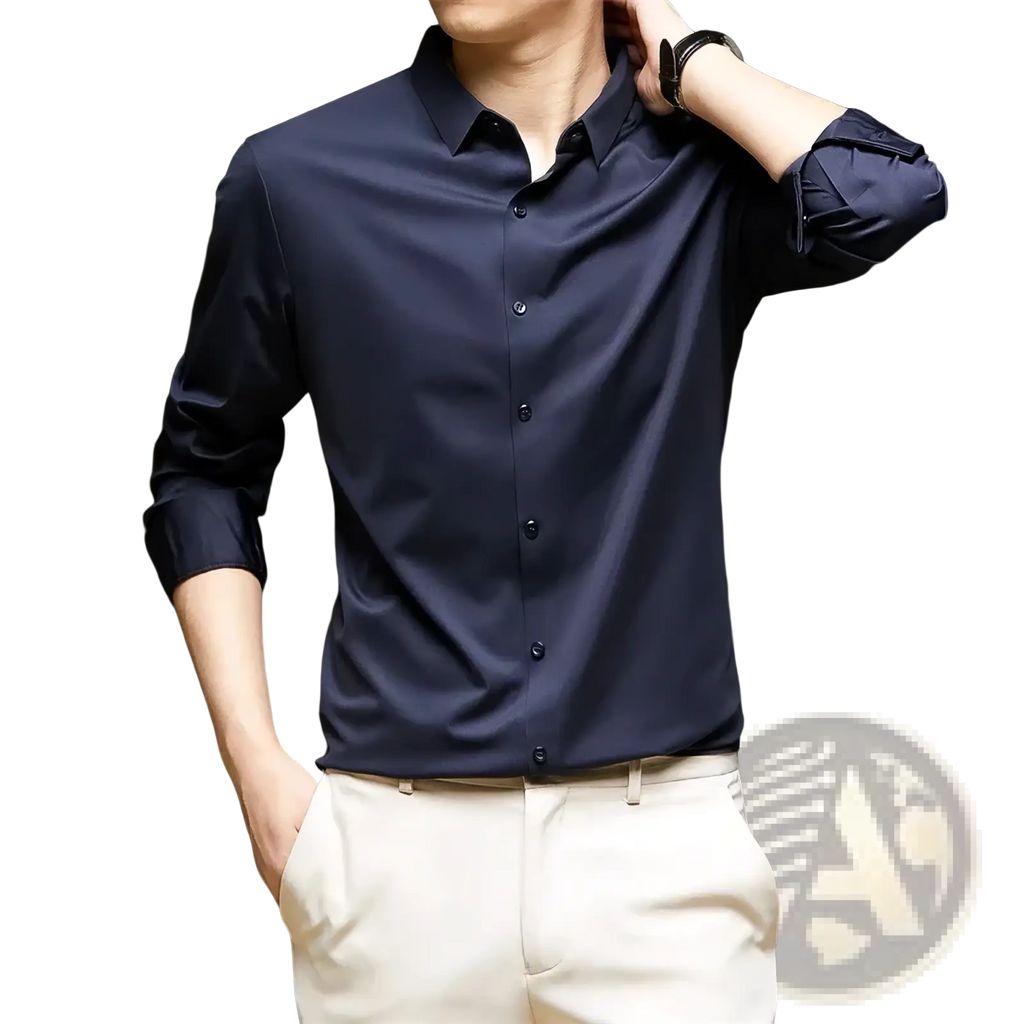 Navy blue men’s wrinkle free dress shirt with long sleeves classic collar and neatly rolled cuffs