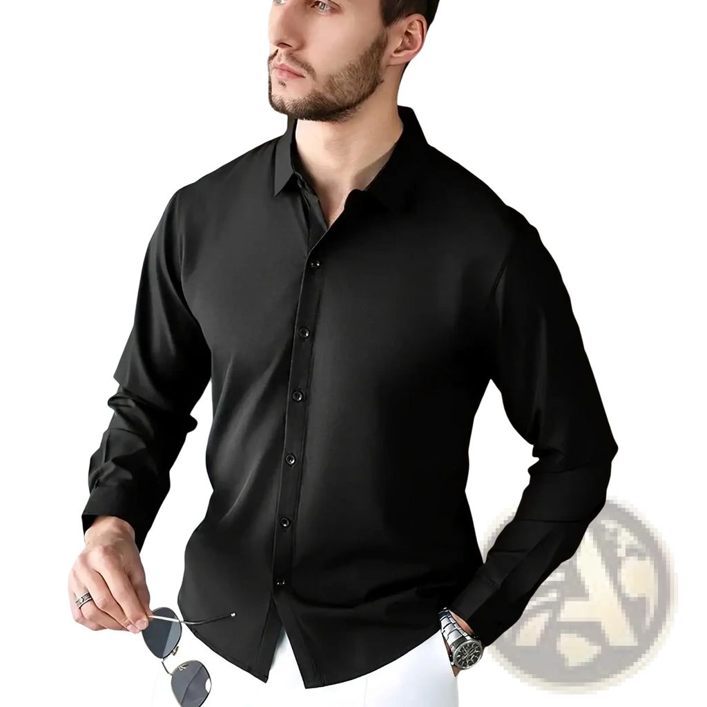 Men’s wrinkle free black long sleeve shirt with tailored fit and subtle sheen for smart casual wear