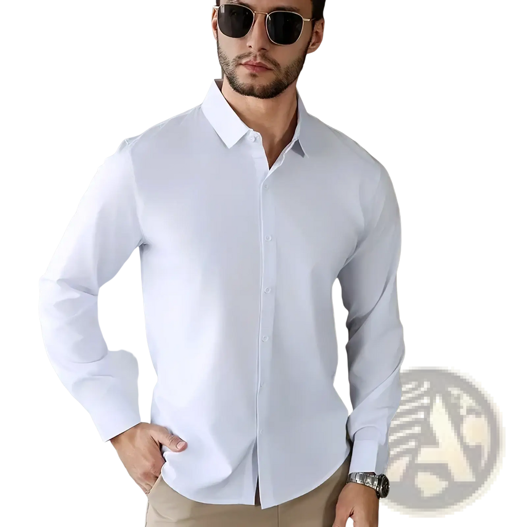 A crisp white men’s wrinkle free smart casual long sleeve dress shirt with classic collar and button-down front