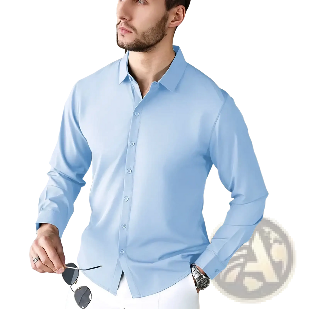 Men’s wrinkle free smart casual long sleeve shirt in light blue with a crisp collar and subtle textured fabric