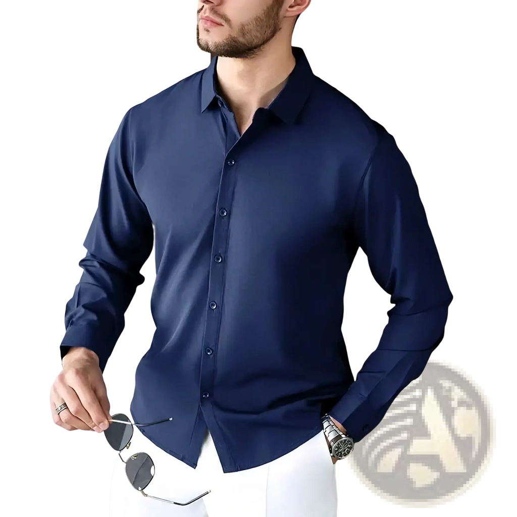 Men’s navy blue wrinkle free smart casual long sleeve button-down shirt ideal for professional and casual wear