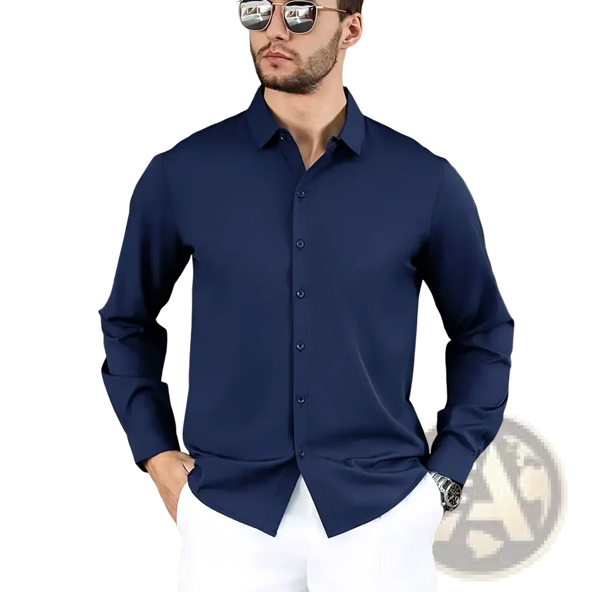 Navy blue men’s wrinkle free smart casual long sleeve button-down shirt ideal for professional and casual wear