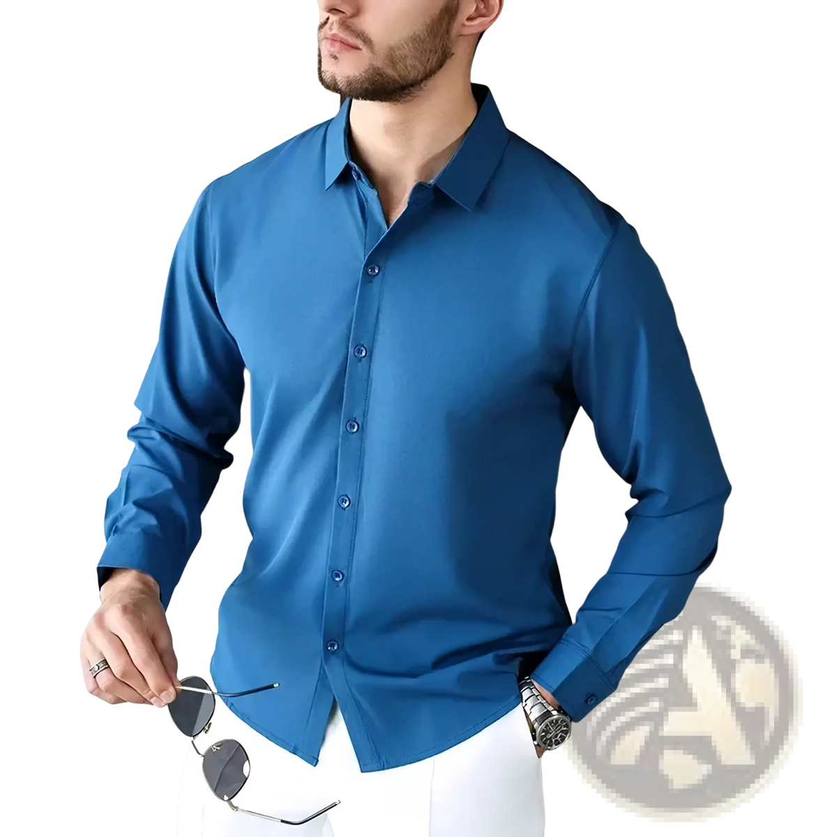A sleek royal blue men’s wrinkle free smart casual long sleeve button-down shirt with a crisp collar and subtle sheen