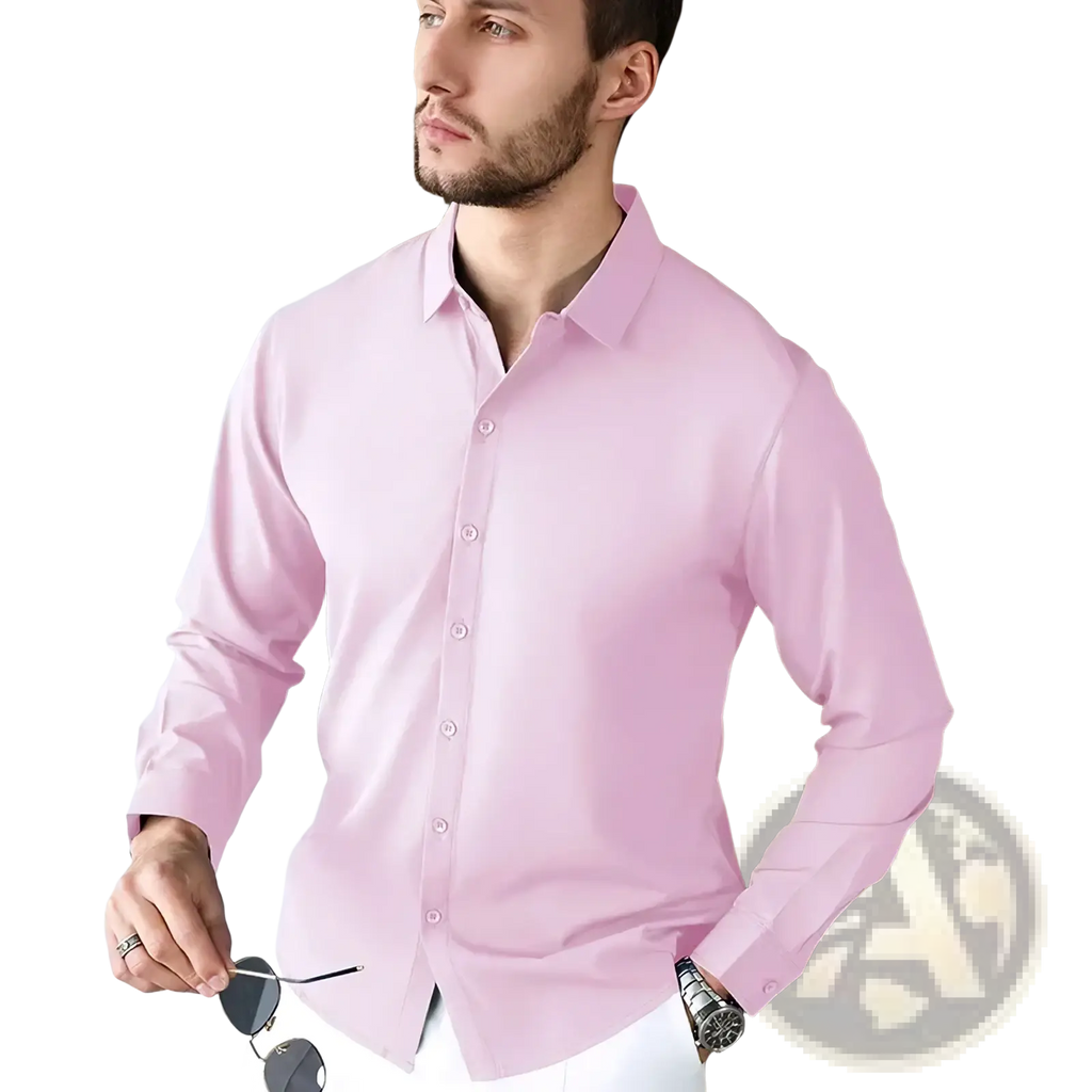 A sleek pink men’s wrinkle free smart casual long sleeve shirt with crisp collar and button-down front