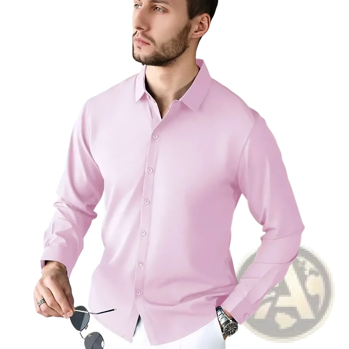 A sleek pink men’s wrinkle free smart casual long sleeve shirt with crisp collar and button-down front