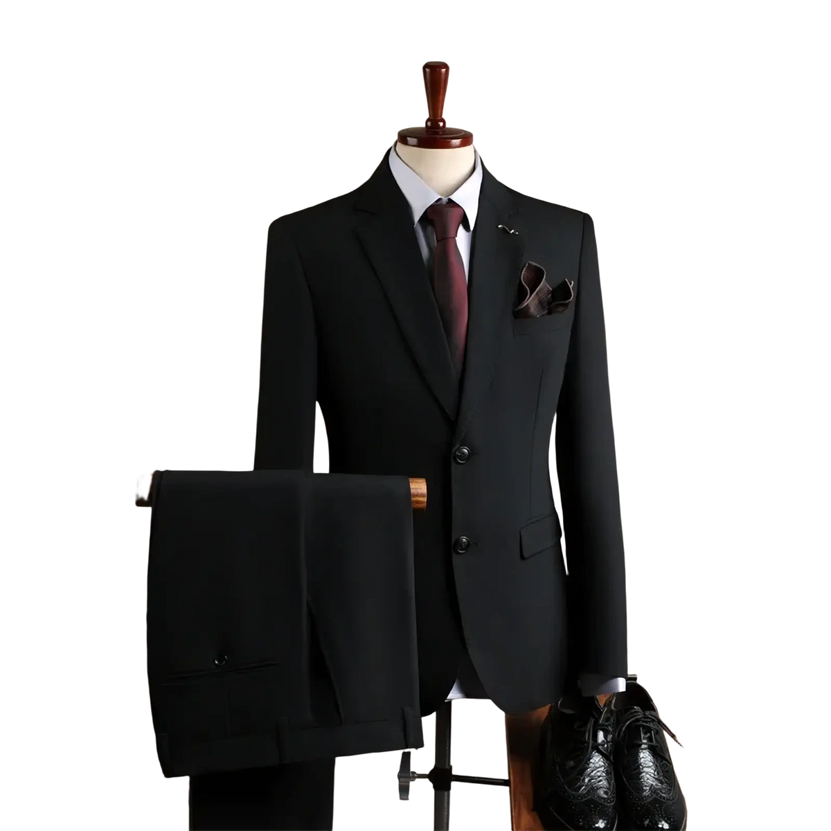 Men’s wrinkle-resistant professional black tailored suit jacket with notched lapels and three-button front paired with trousers