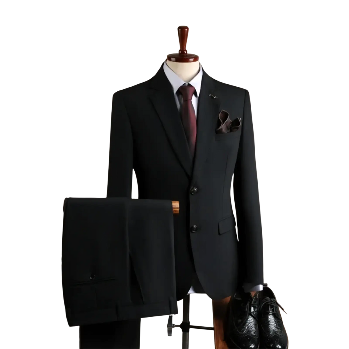 Black men’s tailored wrinkle-resistant suit jacket with notched lapels and three-button front on mannequin
