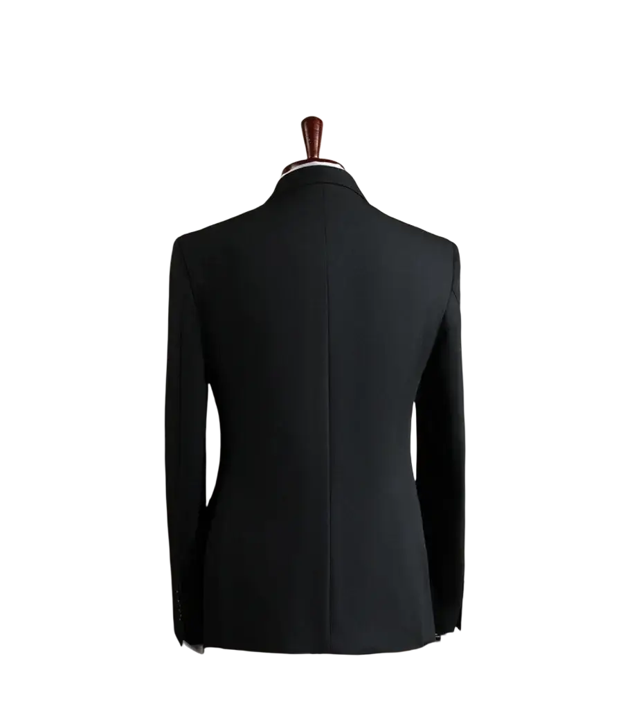 Black tailored men’s wrinkle-resistant professional suit jacket displayed on a mannequin for formal wear