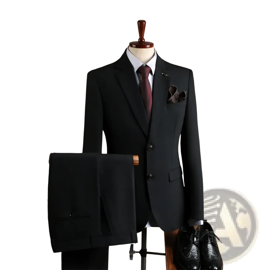 Black men’s tailored wrinkle-resistant suit jacket with notched lapels and three-button front on mannequin
