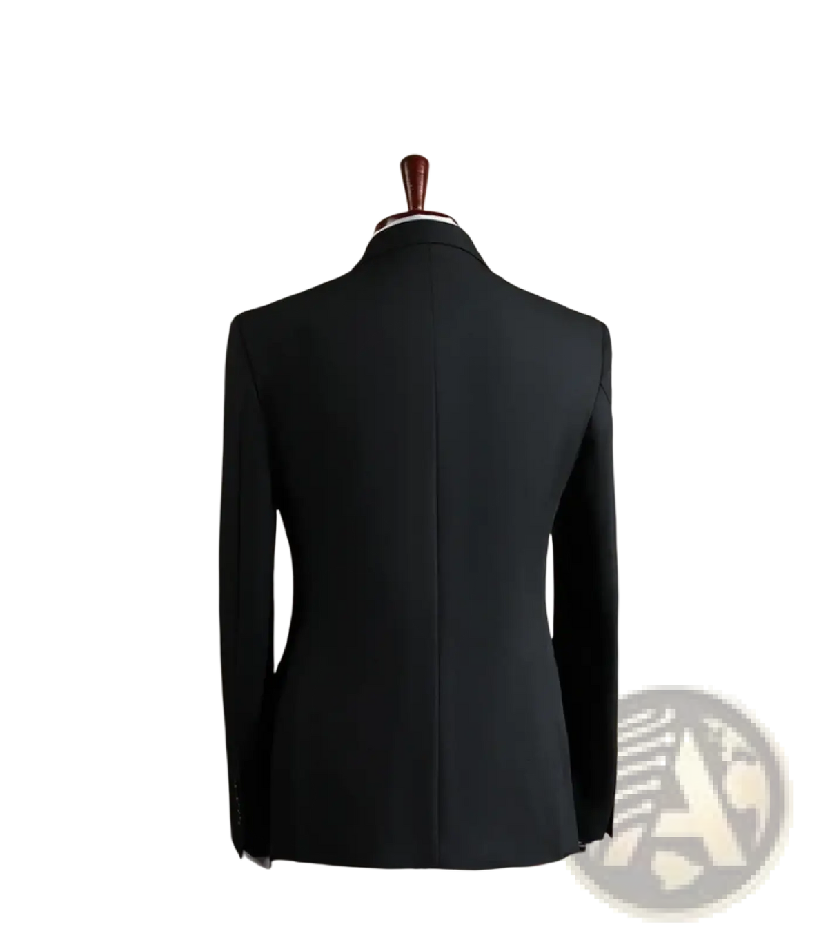 Black tailored men’s wrinkle-resistant professional suit jacket displayed on a mannequin for formal wear