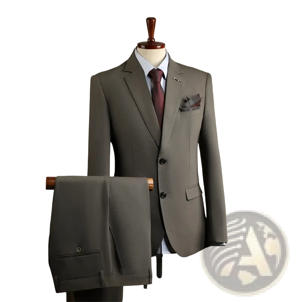 A tailored charcoal gray wrinkle-resistant men’s professional suit with matching vest trousers maroon tie and pocket square