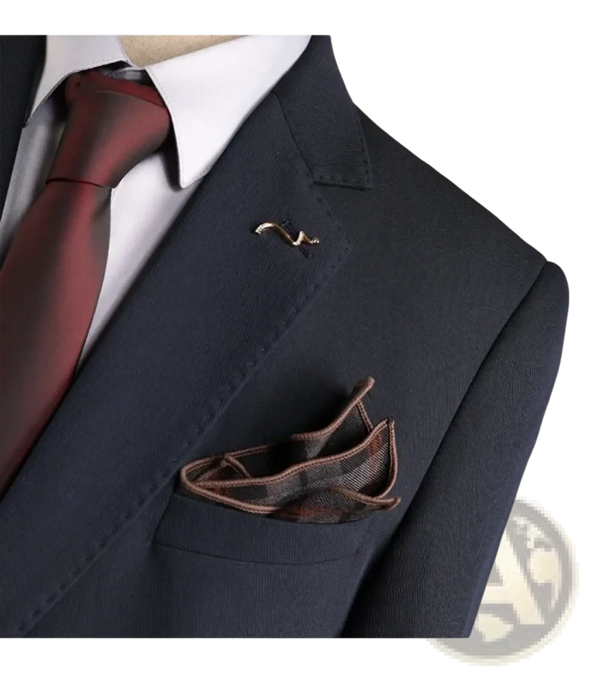 Dark navy men’s wrinkle-resistant professional suit jacket with matching brown and gray plaid pocket square and gold pin