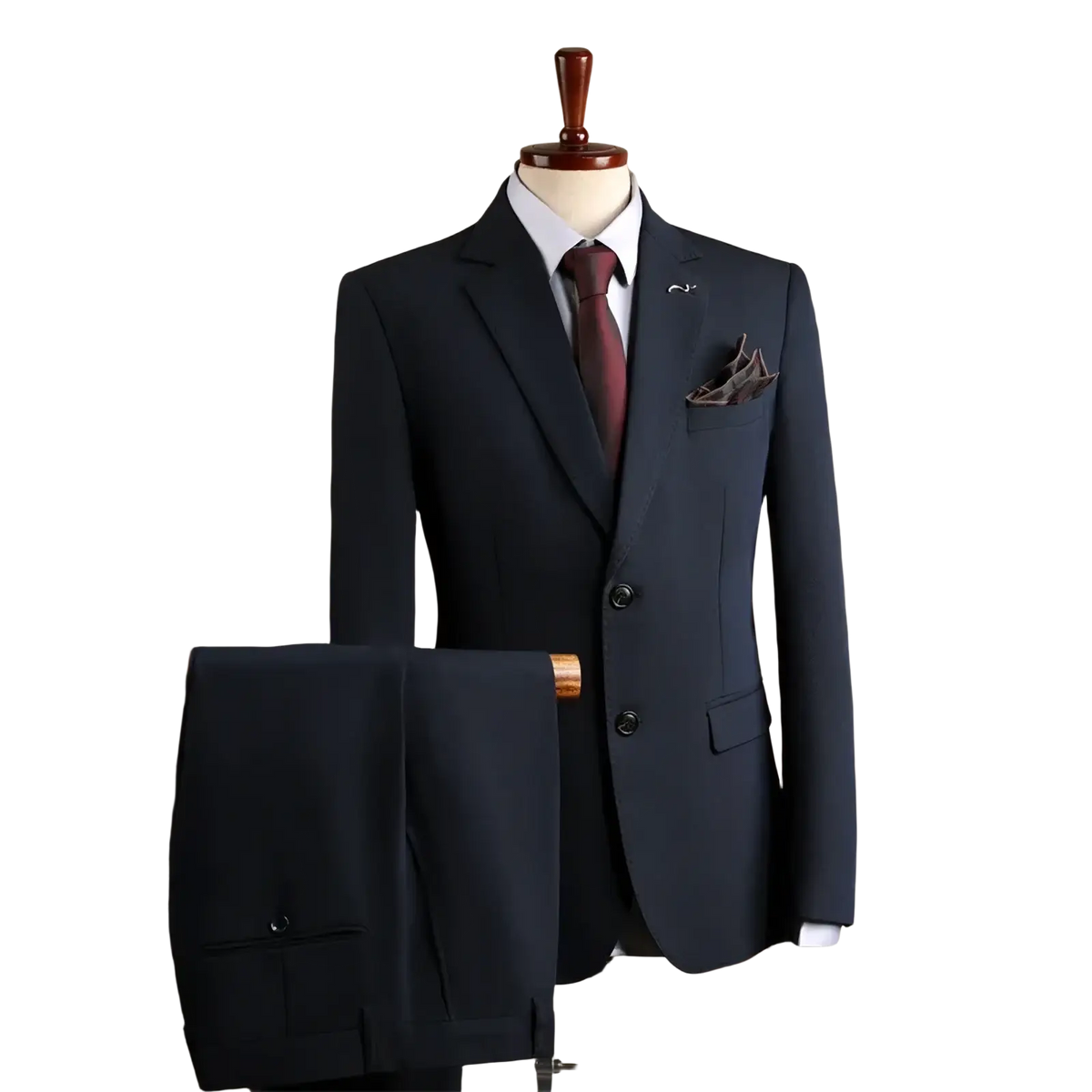Men’s wrinkle-resistant professional navy blue tailored suit jacket with matching trousers and maroon tie for formal use
