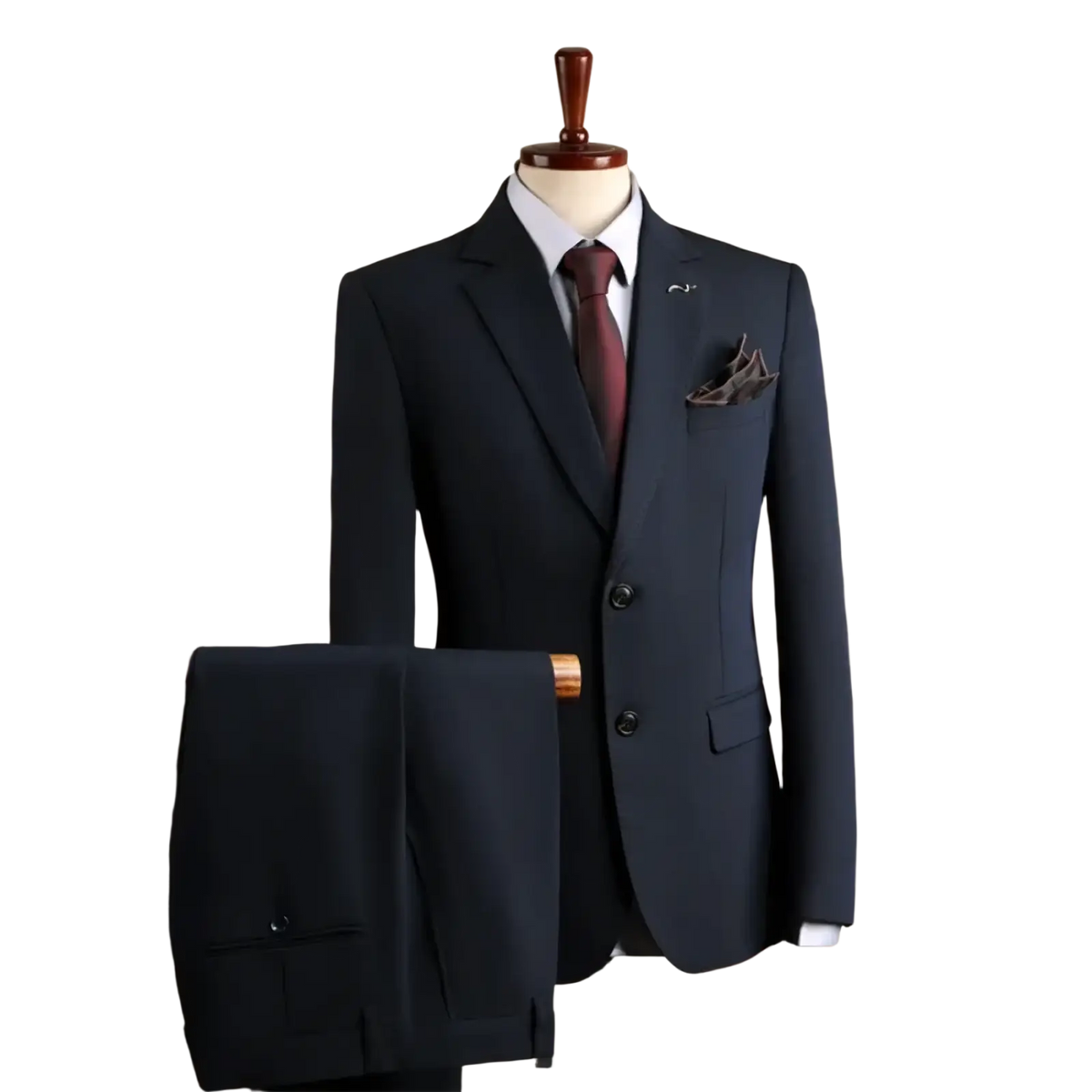 Navy blue wrinkle-resistant men’s tailored suit jacket with matching trousers and maroon tie on mannequin