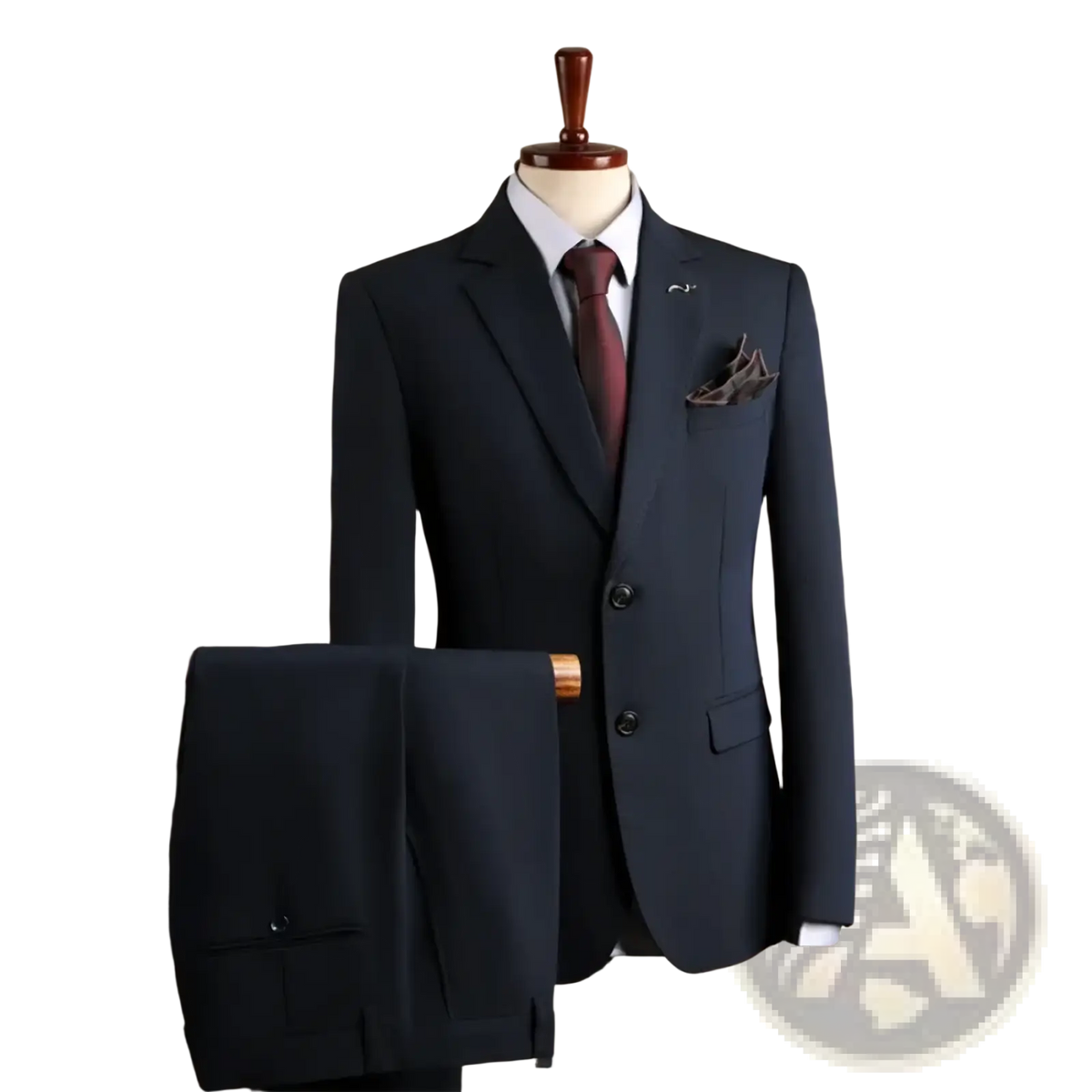 Navy blue wrinkle-resistant men’s tailored suit jacket with matching trousers and maroon tie on mannequin