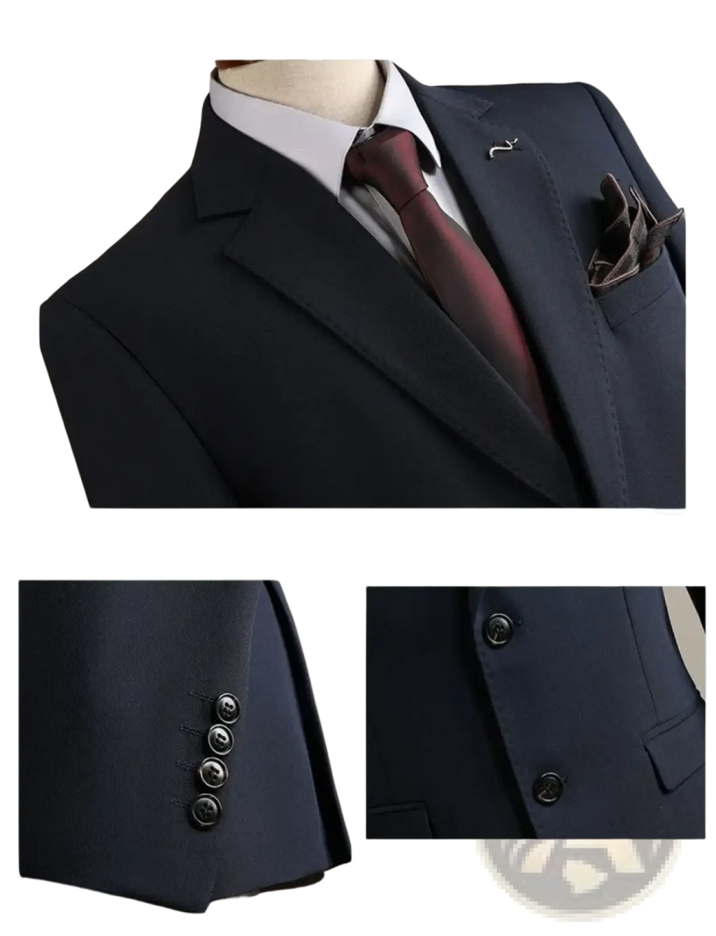Navy blue men’s wrinkle-resistant tailored suit jacket with black buttons and matching pocket square for professional use