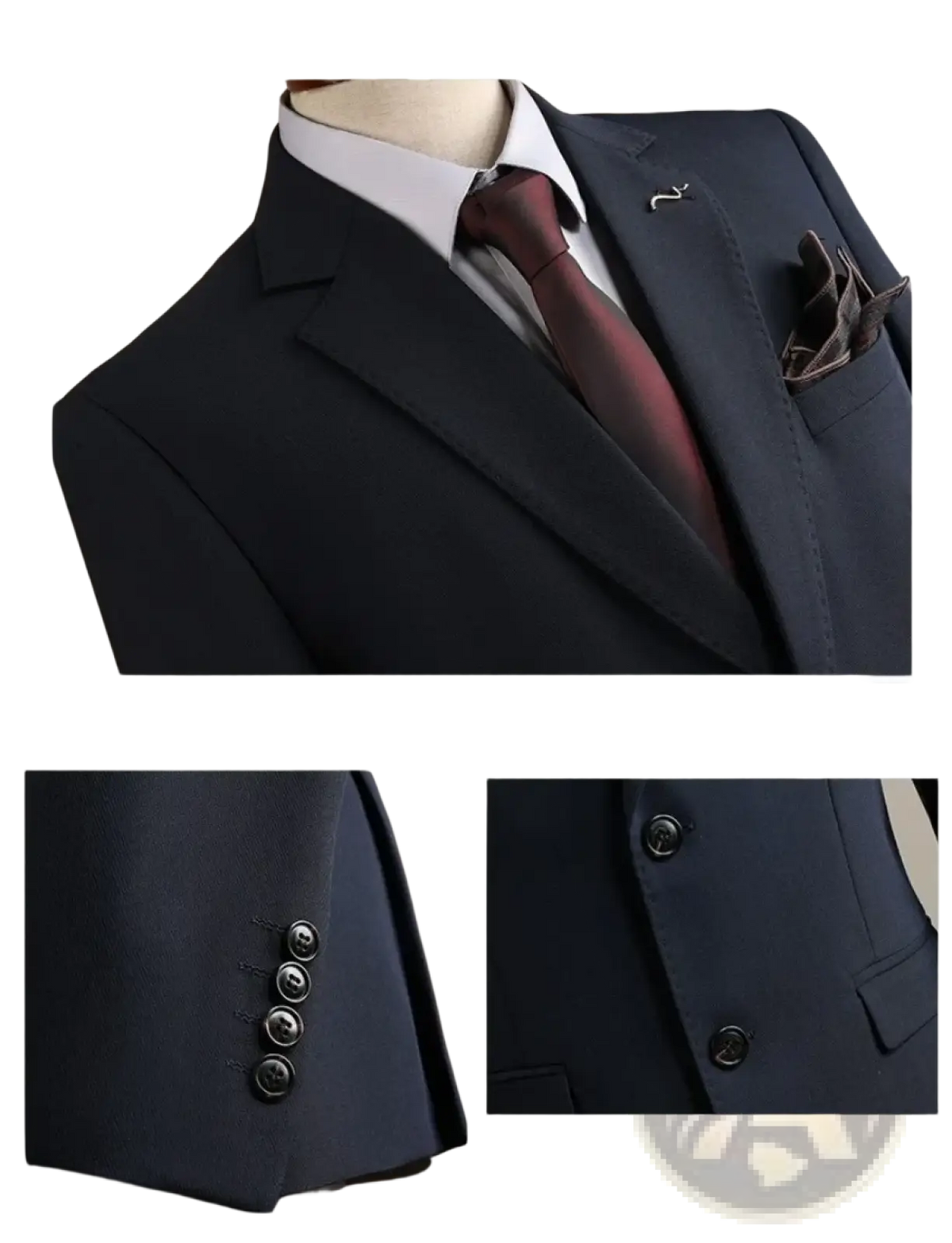 Navy blue men’s wrinkle-resistant tailored suit jacket with black buttons and matching pocket square for professional use