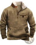 Men’s yellowstone tribal print quarter zip fleece hoodie in brown textured fleece with quilted collar and black longhorn skull graphic