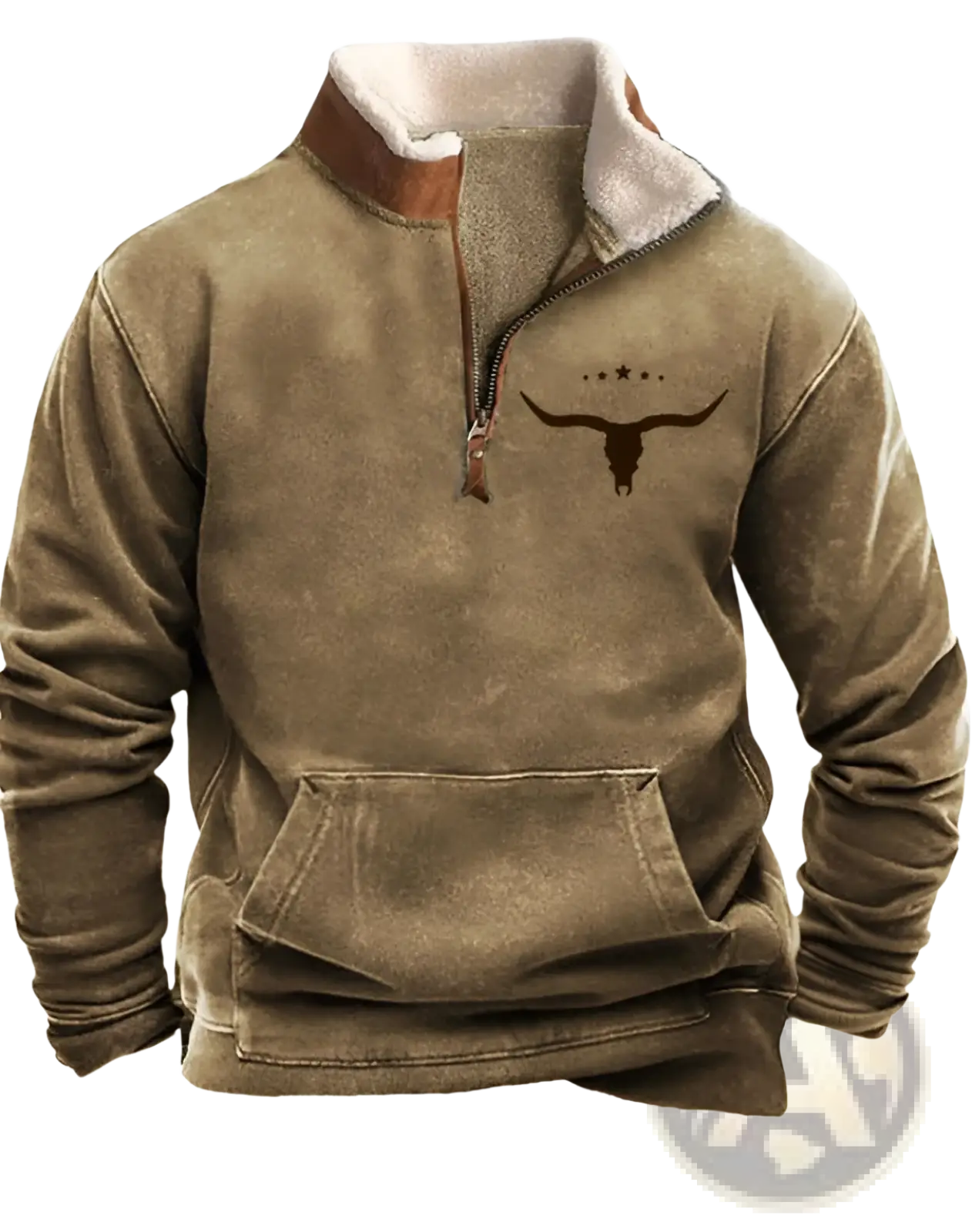 Men’s yellowstone tribal print quarter zip fleece hoodie in brown textured fleece with quilted collar and black longhorn skull graphic