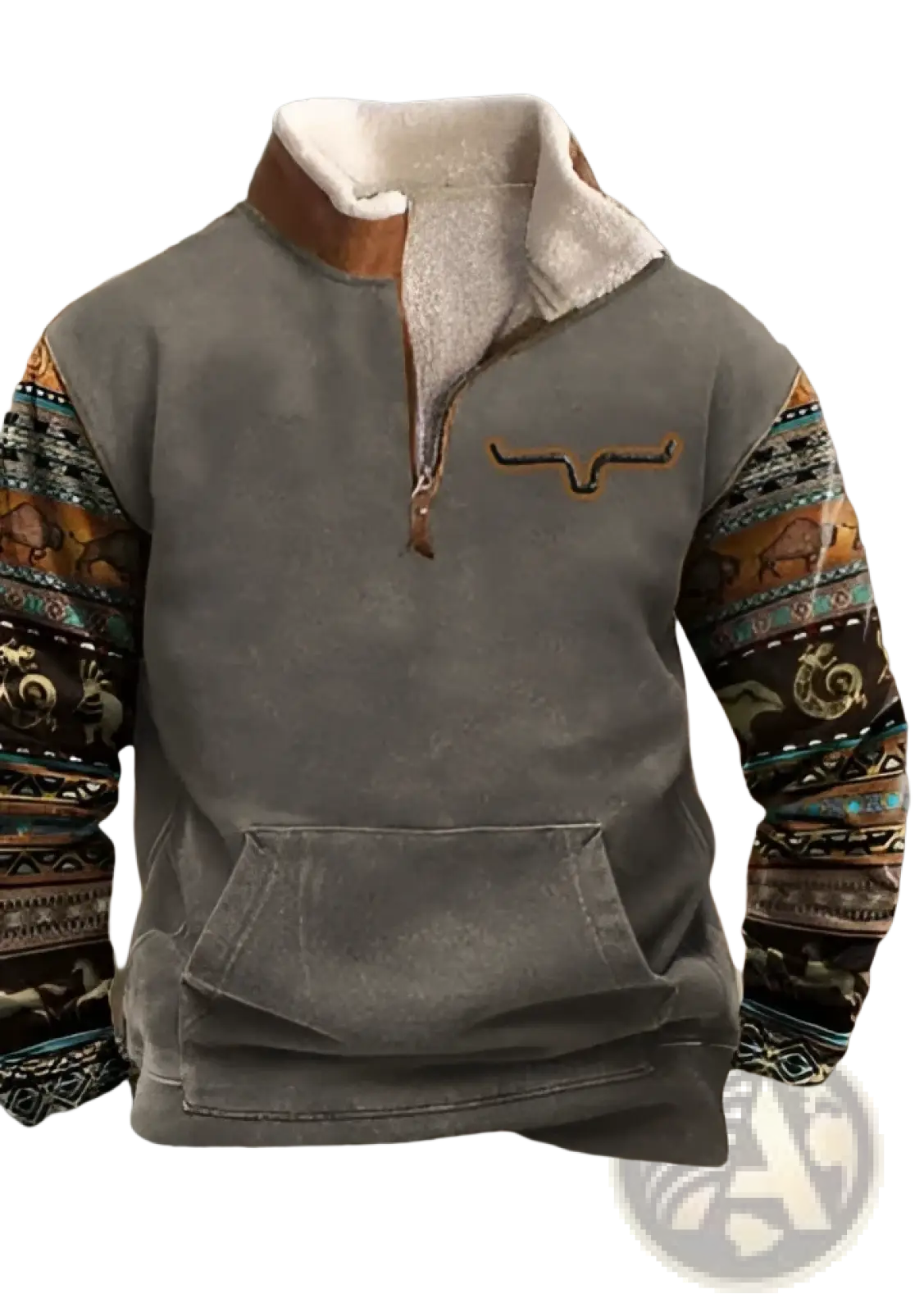 Men’s Yellowstone tribal print quarter zip fleece hoodie in gray with quilted collar patterned earthy toned sleeves and steer logo