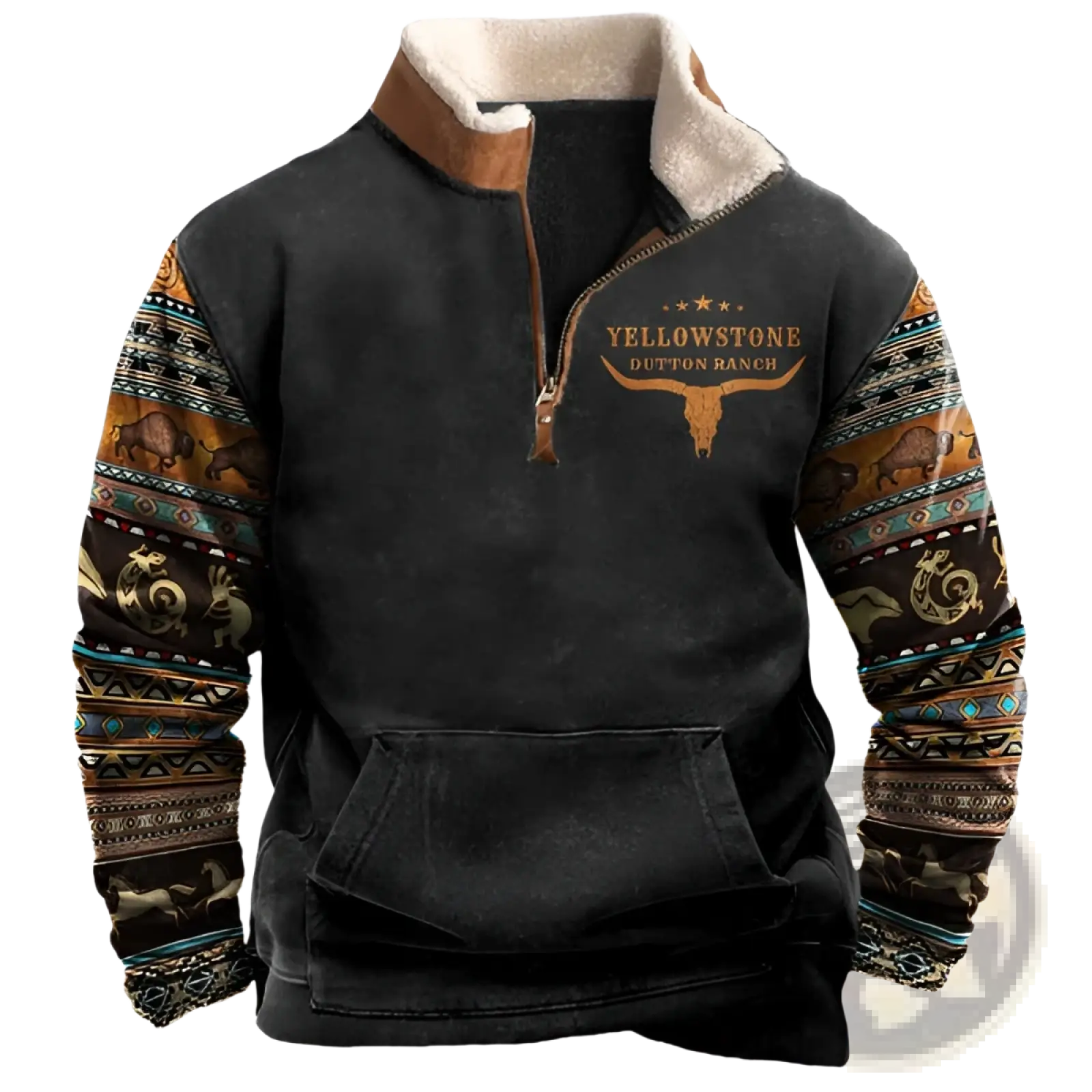 Men’s Yellowstone tribal print quarter zip fleece hoodie in black with tan shearling collar and brown teal gold sleeve patterns