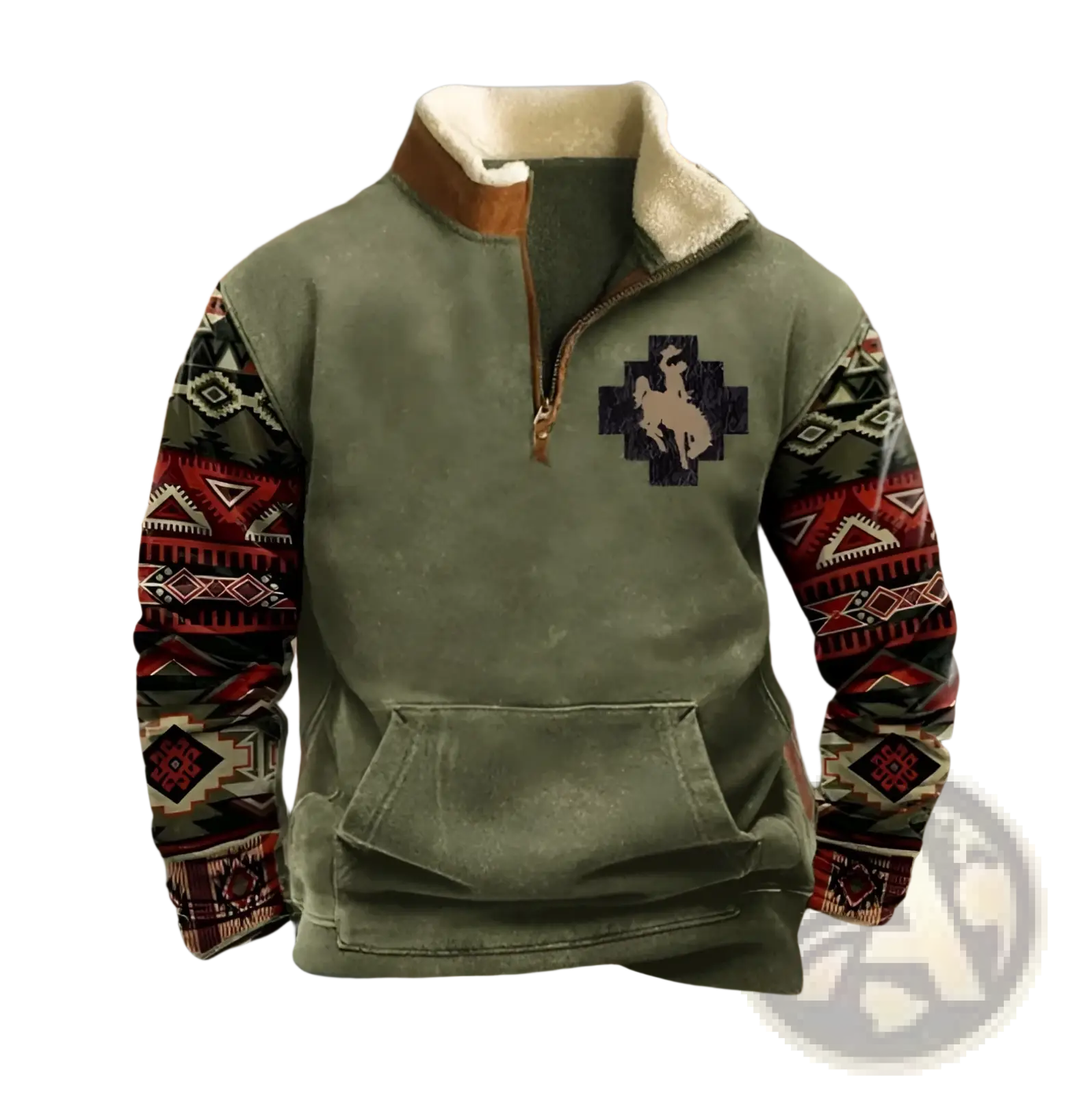 Olive green fleece pullover with a shearling-lined collar, geometric patterned sleeves in red and black, and a central embroidered logo.