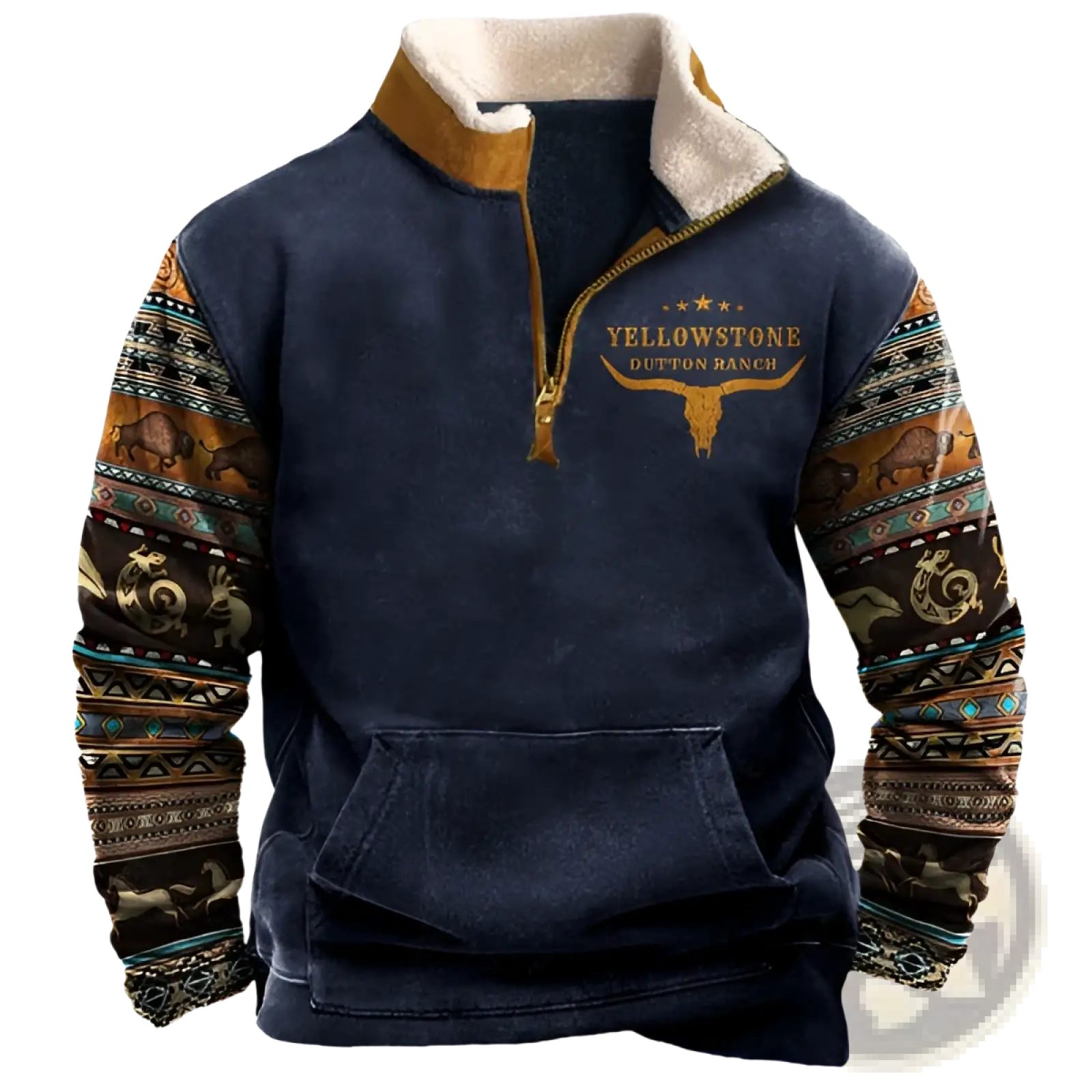Men’s dark blue fleece pullover with shearling collar and tribal print quarter zip featuring Yellowstone Dutton Ranch logo