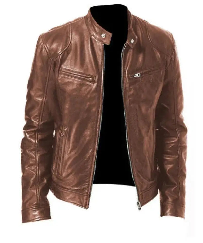 Men’s slim fit stand collar brown faux leather biker jacket with silver zippers and snap buttons in classic design