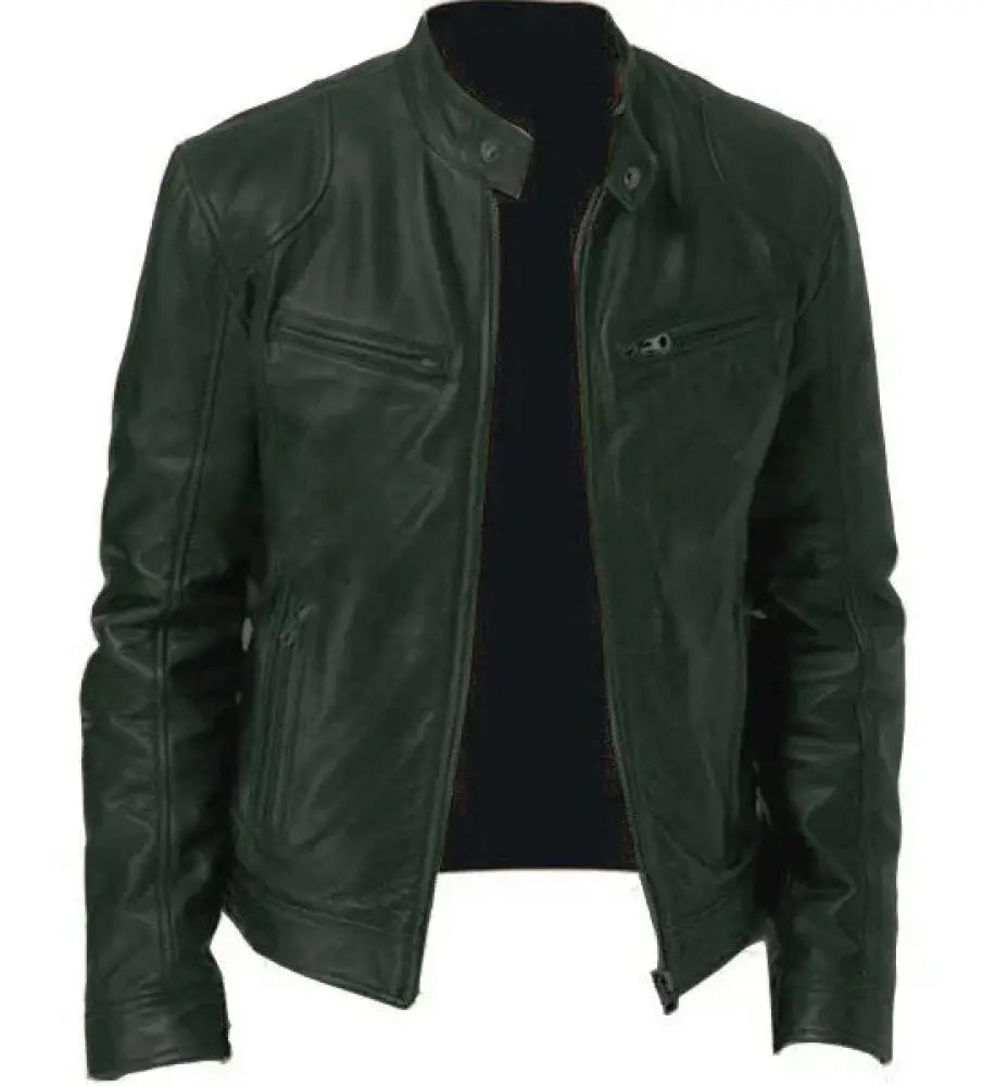 Men’s slim fit dark green faux leather biker jacket with stand collar and front zipper closure
