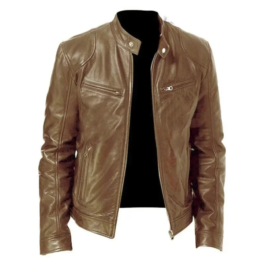 Men’s slim fit stand collar faux leather biker jacket in brown with silver zippers and snap buttons