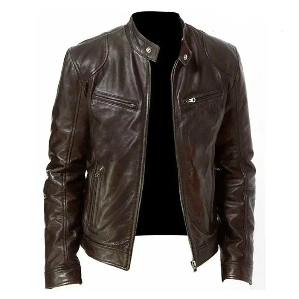 Men’s slim fit stand collar dark brown faux leather biker jacket with silver zippers and snap buttons
