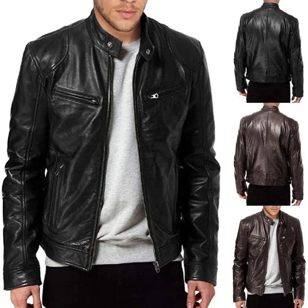 Men’s slim fit stand collar black faux leather biker jacket with silver zippers and snap buttons