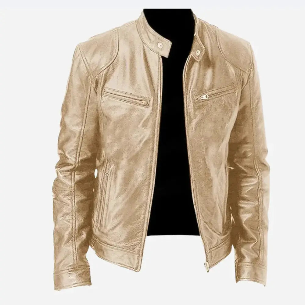 Men’s slim fit stand collar biker jacket in metallic gold faux leather with classic design and two zippered pockets