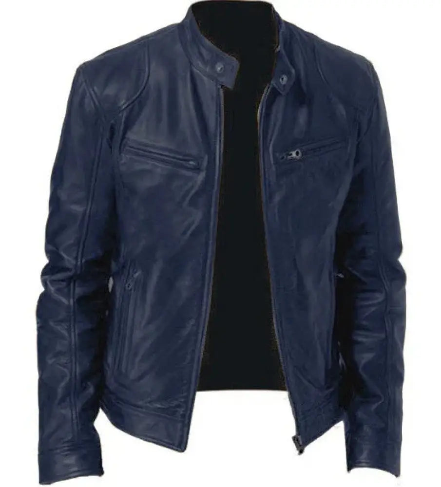 Dark blue slim fit men’s stand collar faux leather biker jacket with classic design and front zipper closure