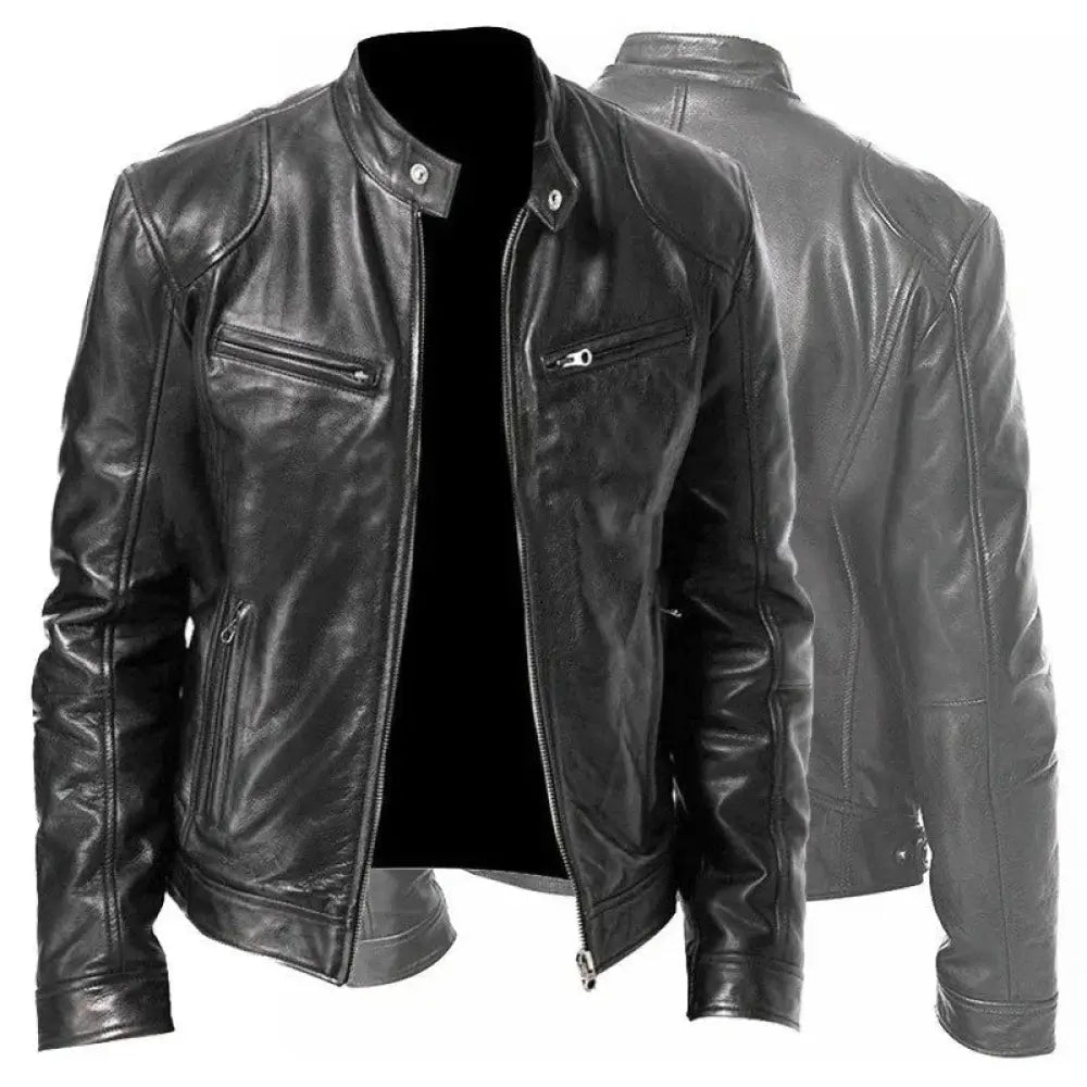 Men’s slim fit stand collar black faux leather biker jacket with classic design and zippers on chest pockets and front closure