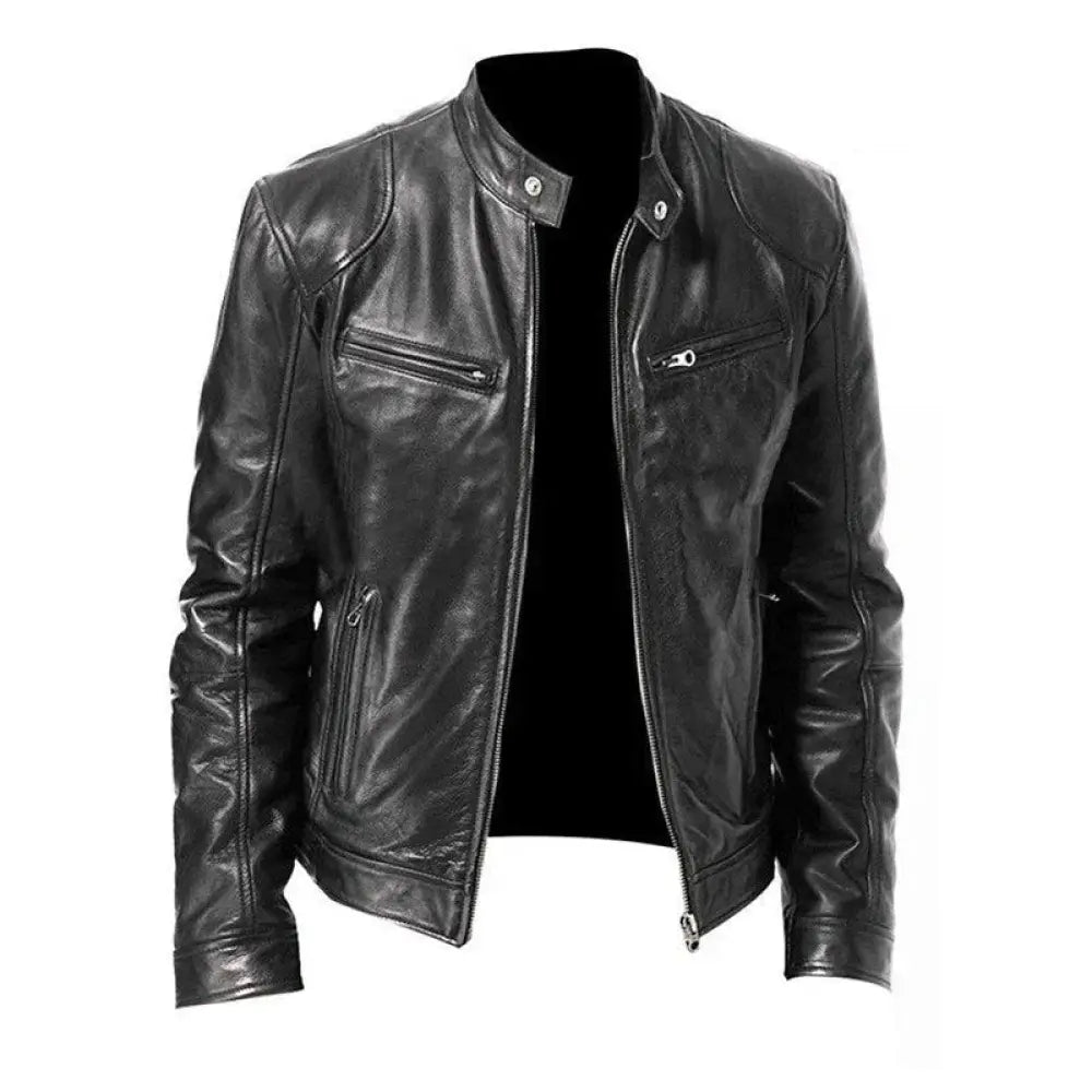Men’s slim fit stand collar black faux leather biker jacket with classic design silver zippers and snap buttons