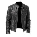 Men’s slim fit stand collar black faux leather biker jacket with classic design silver zippers and snap buttons