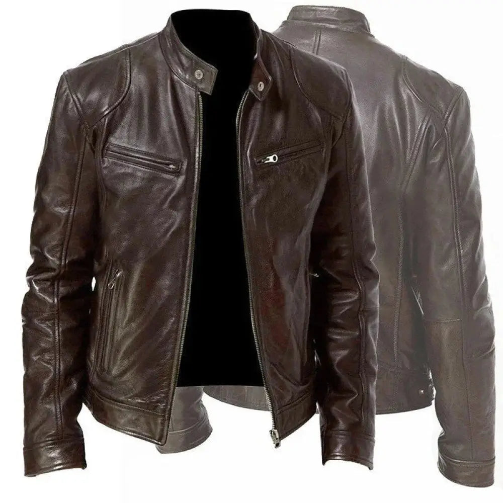 Men’s slim fit stand collar dark brown faux leather biker jacket with classic design and chest and side zippers