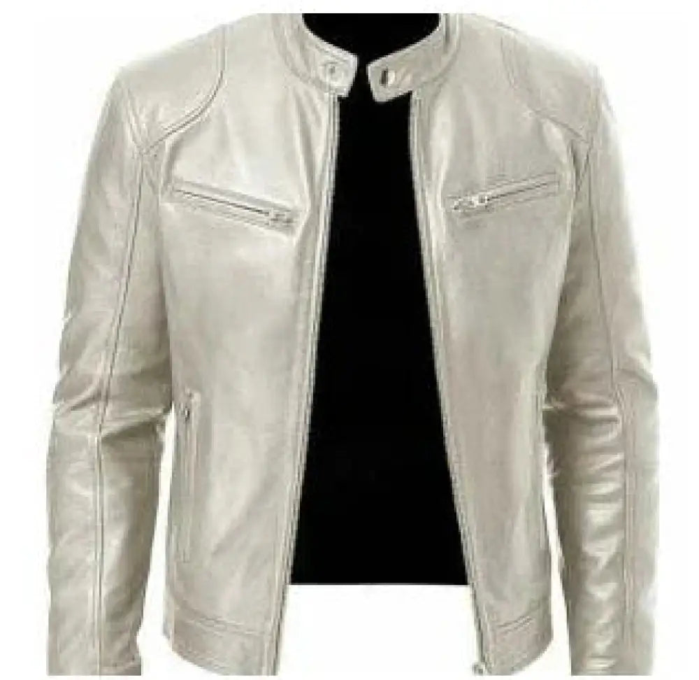 Men’s slim fit off-white faux leather biker jacket with classic collar and front zipper closure