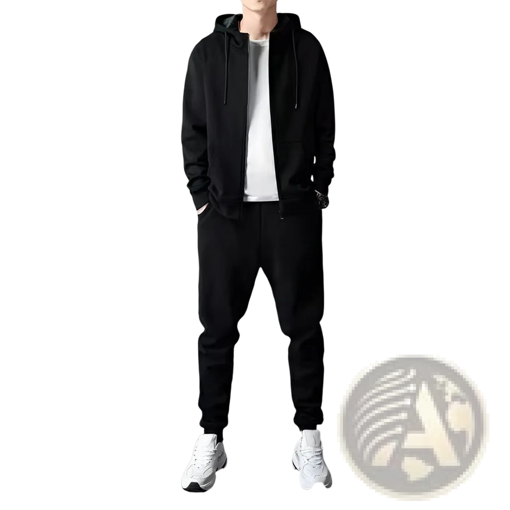 Mens zip up hoodie and jogger sweatsuit set in black cotton with drawstrings ideal for casual wear