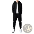 Mens zip up hoodie and jogger sweatsuit set in black cotton with drawstrings ideal for casual wear