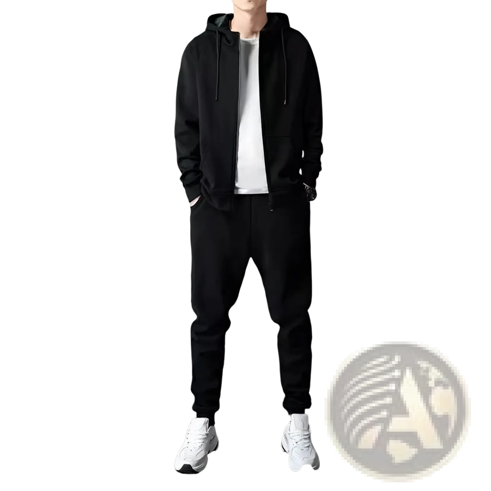 Mens zip up hoodie and jogger sweatsuit set in black cotton with drawstrings ideal for casual wear