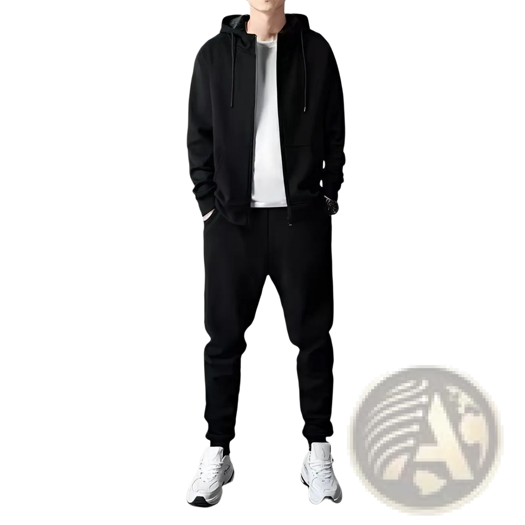 Mens zip up hoodie and jogger sweatsuit set in black with drawstrings worn over a white t-shirt