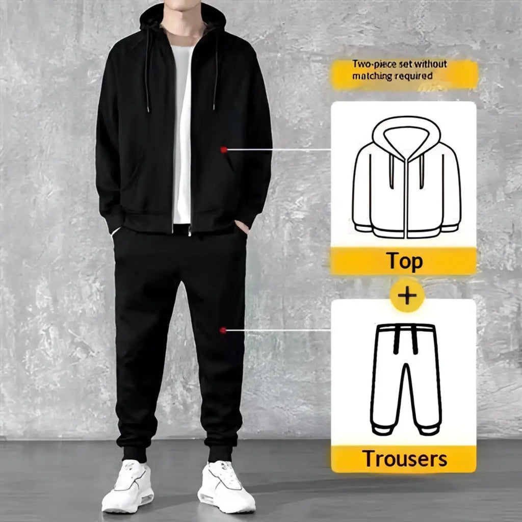 Mens black zip up hoodie and matching jogger sweatsuit set made of comfortable fabric for casual wear