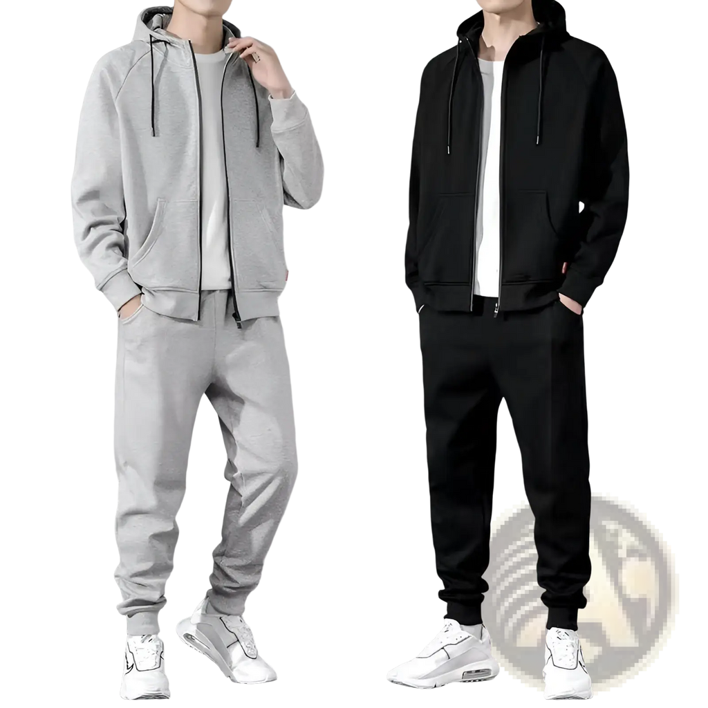 Mens zip up hoodie and jogger sweatsuit set in gray and black featuring soft fabric for casual and athletic use